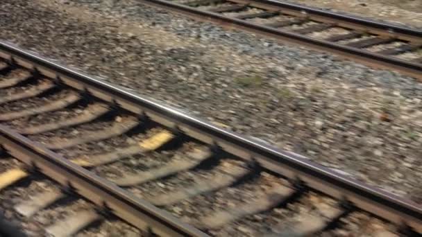 Bakgrund av järnvägsspåret vy från rörliga tågfönster — Stockvideo
