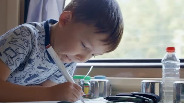 Sparatoria di disegno di ragazzo di cinque anni in treno — Video Stock