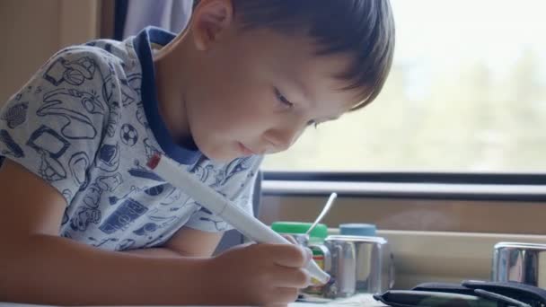Wideo z pięcioletnim chłopcem rysunek w pociągu — Wideo stockowe