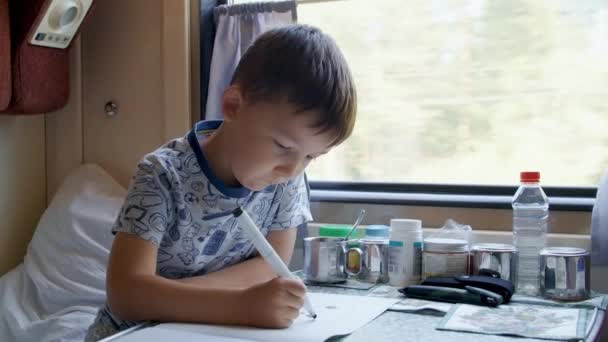 Sparatoria di cinque anni ragazzo disegno in treno in movimento — Video Stock