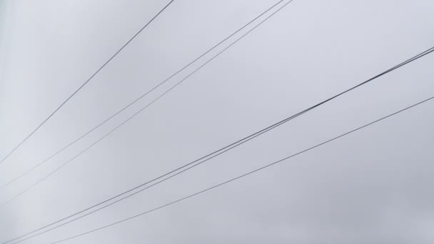 Aufnahme des Himmels mit Hochspannungsleitungen aus fahrendem Zugfenster — Stockvideo
