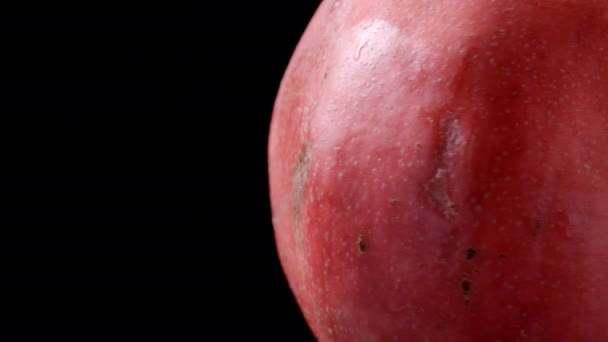 Close-up video van roterende rode granaatappel op zwarte achtergrond — Stockvideo