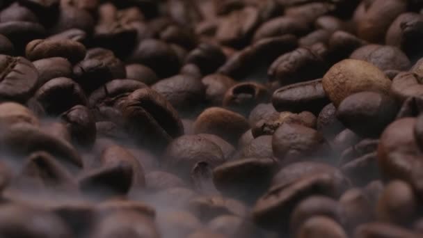 Video von Kaffeebohnen Hintergrund in Rauch mit Kamera zurückgleiten — Stockvideo