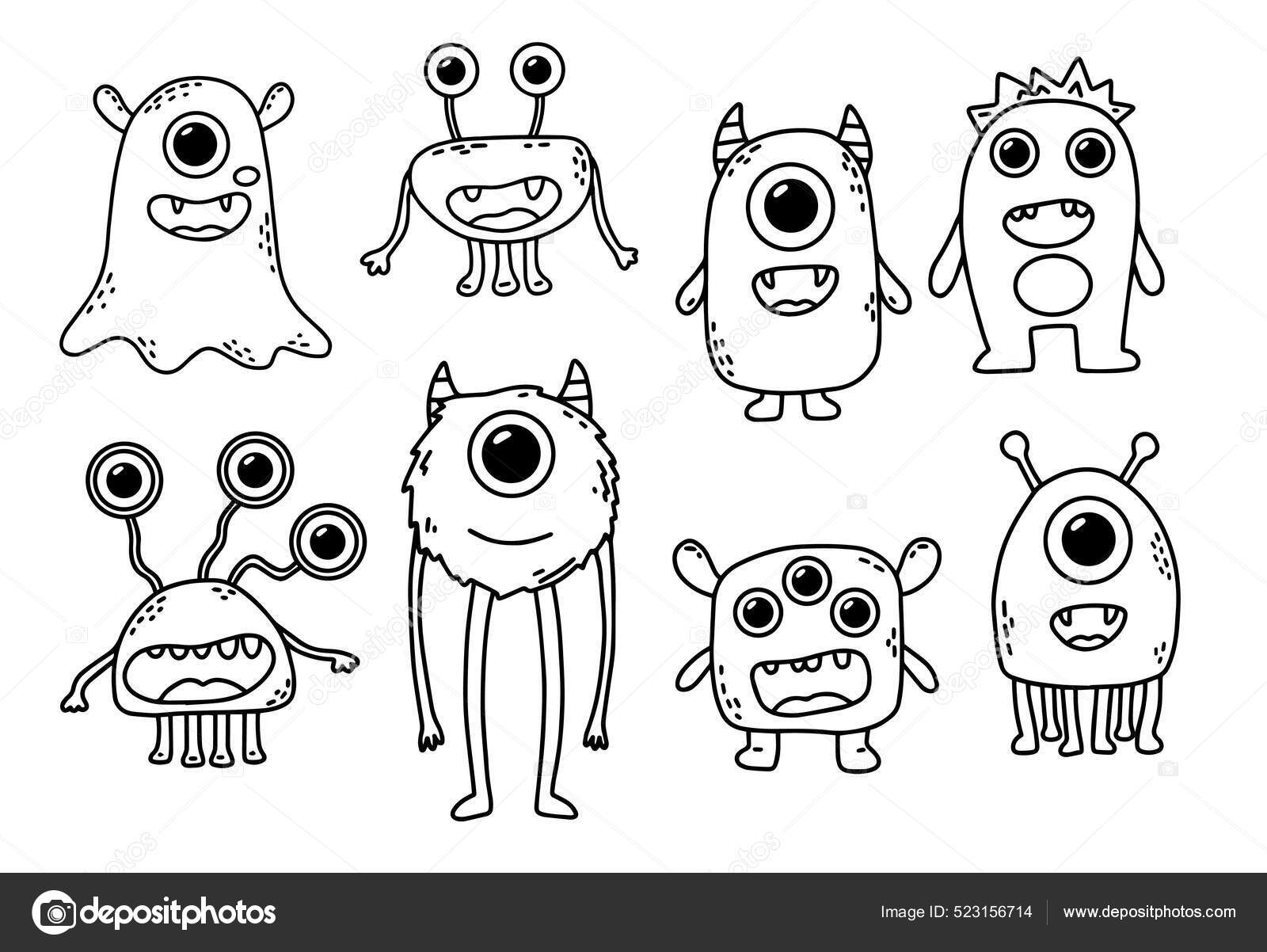 48 coole Monster Aufkleber in schwarz weiß mit 6 gezeichneten Monstern,  MATTE Papieraufkleber (ø 30mm; 6 Motive) 