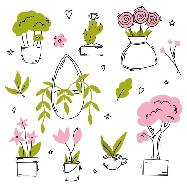 Vektor Set Von Doodle Floralen Illustrationen Pflanzen Blätter Blumen Töpfe — Stockvektor