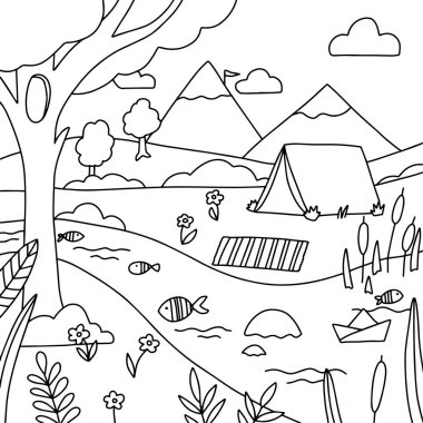 Kamp boyama sayfası, orman çizgisi çizimi, çocuk dekorasyonu. Dağlar, orman, nehir, balıkçılık sanatı.