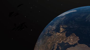 Dünya gezegeni, uzaydan manzara, gece dünya, astronomi, 3D