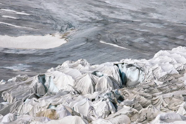 Swiss Rhone glacier cover with blanket protection prevent glacier melting. Save cover against global warming on melting Rhonegletscher in swiss Alps.