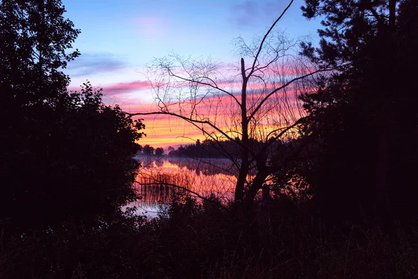 Naturskön Soluppgång Vid Sjön Med Morgondimma Pastellfärger Himlen Dimma Ovanför — Stockfoto