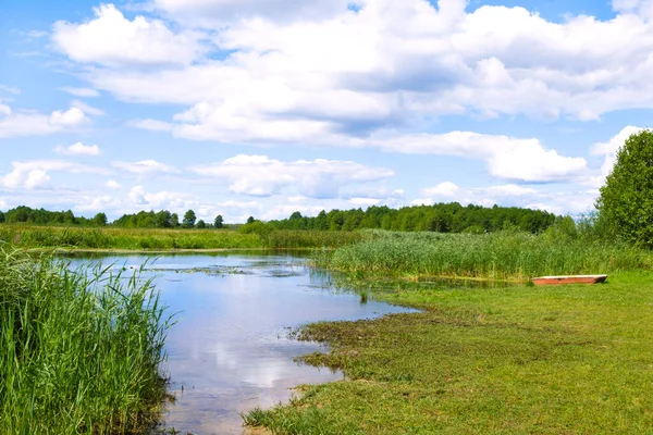 Idyll Summer Countryside Landscape River Boat Bank Rushes Grass Wild — Zdjęcie stockowe