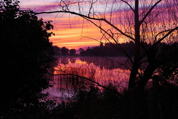 Escénico Amanecer Junto Lago Con Niebla Matutina Colores Pastel Del — Foto de Stock