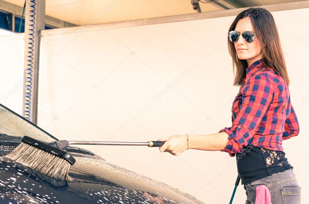 Woman at car wash Station