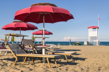 şemsiye ve şezlong - rimini beach - İtalya