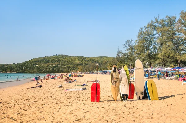 Tablas de surf en una playa tropical - Tablas corporales de deporte extremo en un día soleado con personas genéricas irreconocibles que se relajan en la playa — Foto de Stock