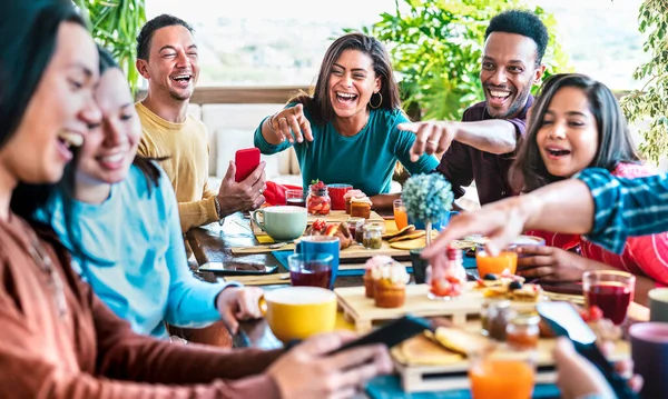 Friends Group Talking Coffee Bar Rooftop Diverse People Having Fun Stock Image