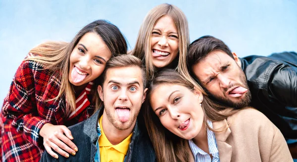 Multicultural Milenial Guys Girls Taking Selfie Sticking Out Tongue Happy Stock Picture