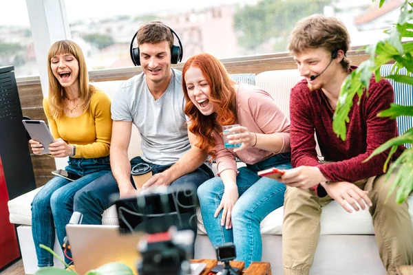 Young Friends Influencer Having Fun Streaming Platform Web Cam Content Stock Image