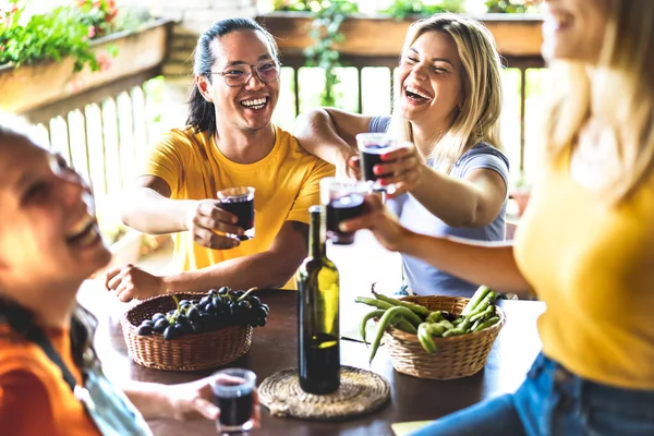 ブドウ園のパティオでお酒を楽しんでいる幸せな友人 農家で一緒に収穫を楽しんでいる若者との友情の概念 ユニークな体験屋外での赤ワインの試飲 暖かいコントラストフィルター — ストック写真