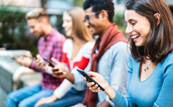 Multicultural Group Using Smartphone Urban City Context Milenial Friends Addicted Stock Photo