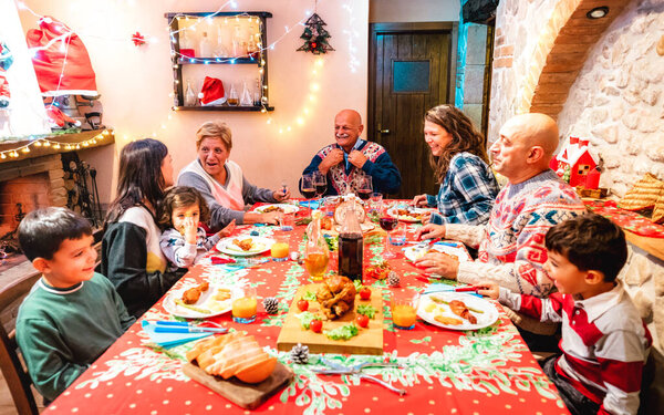 Large Multi Generation Family Having Fun Holidays Dinner Event Winter Stock Picture
