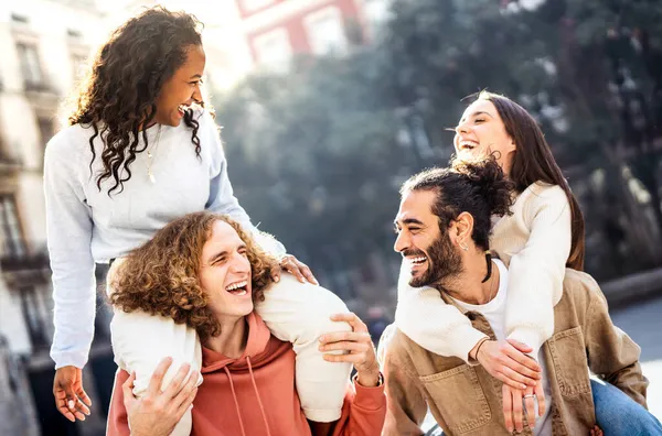 Happy Multicultural Couples Walking Travel Location Piggyback Move Life Style — Stock Photo, Image