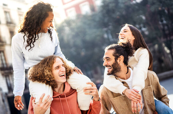 Happy Multicultural Couples Walking Travel Location Piggyback Move Life Style Stock Picture