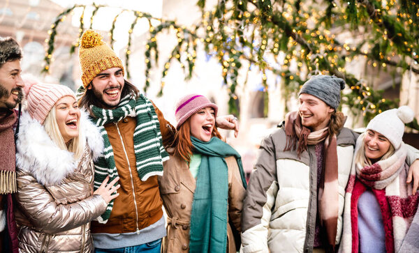 Happy Students Group Walking City Sunny Winter Day Next Gen Stock Photo