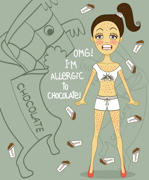 Erupción en la piel de la niña porque ella es alérgica al chocolate — Vector de stock
