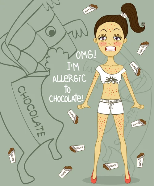 Rash on the skin of the girl because she is allergic to chocolate — Stock Vector