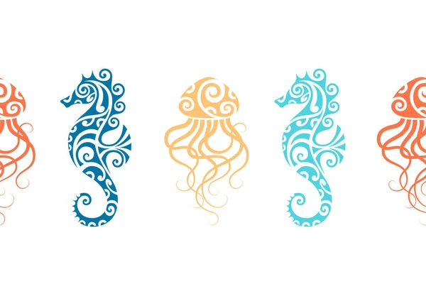 Seamless Border Underwater Seahorse Jellyfish — стоковый вектор