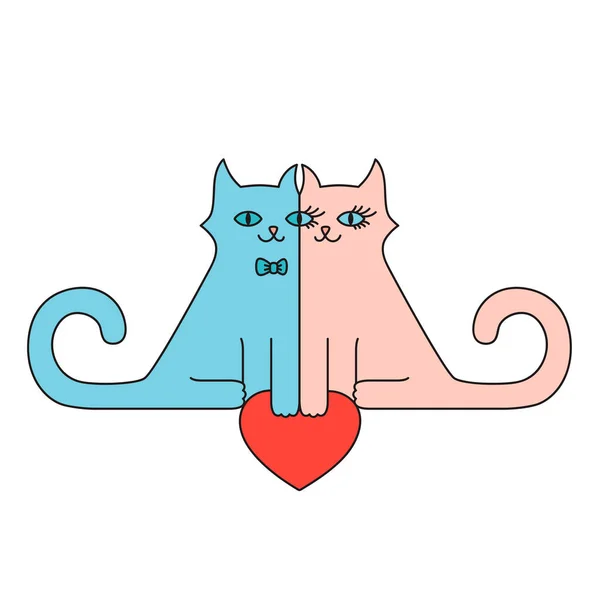 Δύο Χαριτωμένες Γάτες Μπλε Και Ροζ Κόκκινη Καρδιά Αγάπη Απεικόνιση — Διανυσματικό Αρχείο
