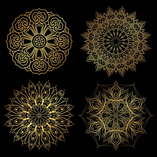 Set Gold Mandalas Isolated Black Background Decorative Ornaments Stress Therapy — Stock Vector