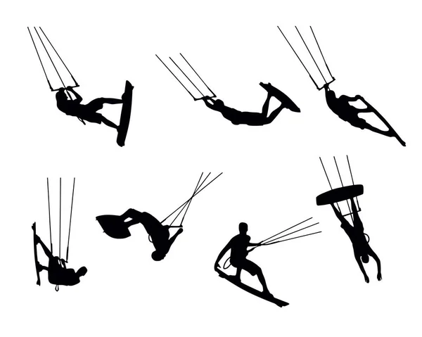 Vector Kitesurf Siluetas Deportes Acuáticos Trucos Blanco Negro — Archivo Imágenes Vectoriales