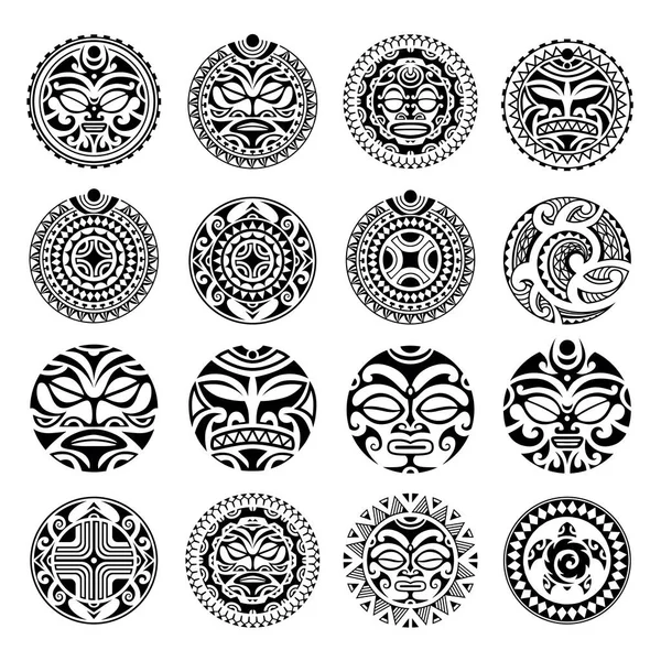 Conjunto Ornamento Redondo Tatuaje Maorí Con Cara Símbolo Del Sol — Vector de stock