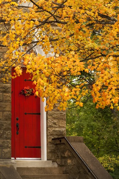 Red Door Church and Fall Leaves