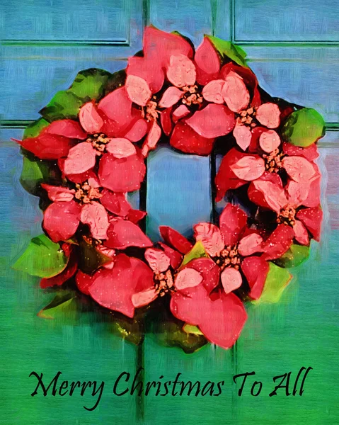 Red Poinsettia Door Wreath Merry Christmas Greeting — Stock Photo, Image