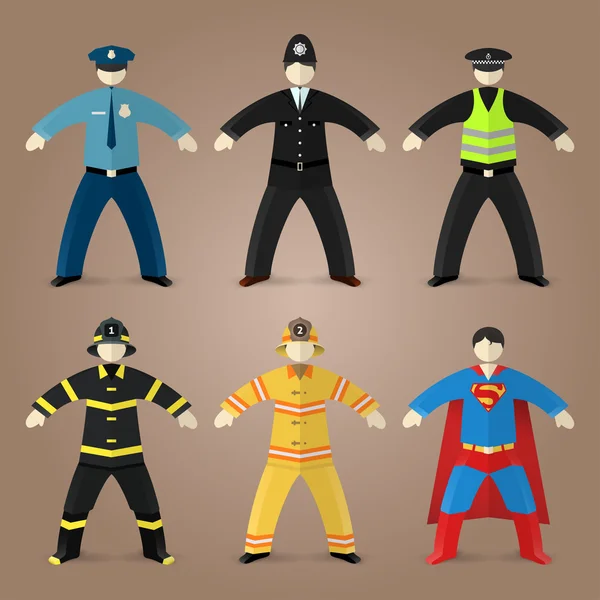 Conjunto de profesiones de policía, bombero y superhombre — Archivo Imágenes Vectoriales