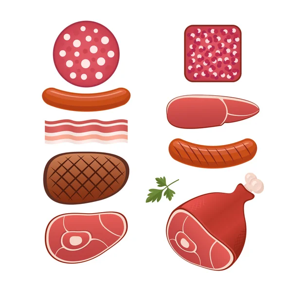 Set di diversi tipi di salsicce e carni — Vettoriale Stock