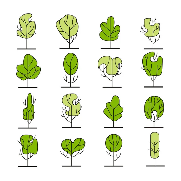 様々な木のベクトルセット および庭園のツリーの線形標識コレクション 建築家のためのシンプルな幾何学的な木の輪郭記号 ベクターイラスト — ストックベクタ