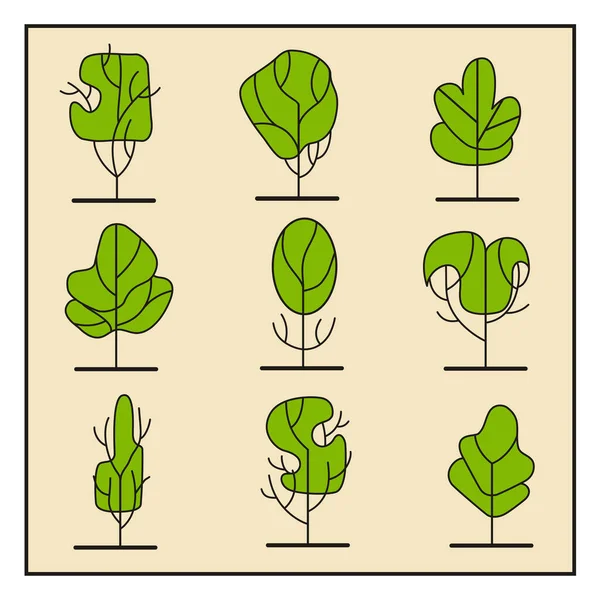 Conjunto Vectorial Varios Árboles Colección Letreros Lineales Árboles Bosque Parque — Vector de stock