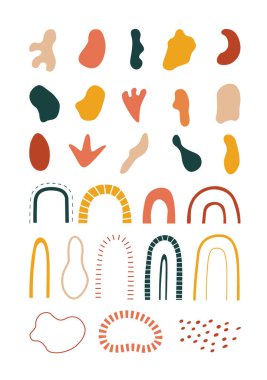 Modern el yapımı soyut şekiller ve nesneler: noktalar, çizgiler ve bitkiler. Çağdaş elementlerin toplanması. Vektör.