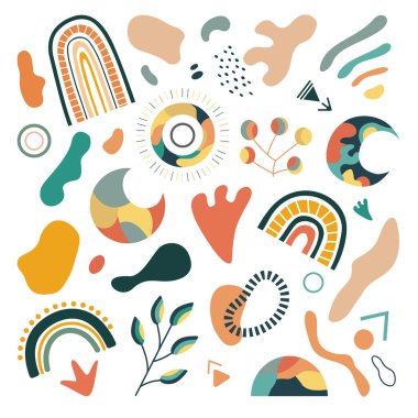 El yapımı soyut şekillerin ve nesnelerin modern bir parçası: noktalar, gökkuşağı, ay, güneş. Süs. Bohem tarzı duvar dekoru. Çağdaş sanat eserlerinin koleksiyonu.