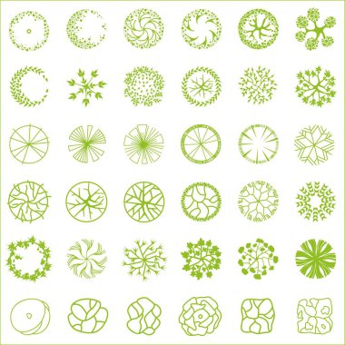 Mimari kat planları için ağaç. Çevre tasarımı. Çeşitli ağaçlar, çalılar ve çalılar, peyzaj tasarım planı için üst manzara. Vektör illüstrasyonu.