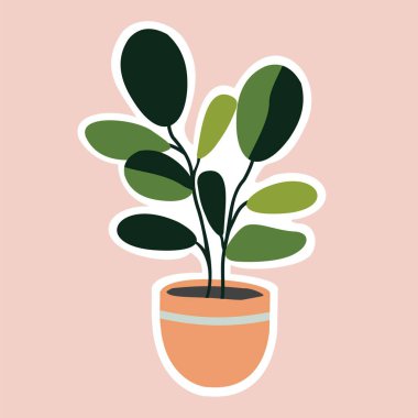 Saksıda düz ev bitkisi. Çiçek. Bitkilerle moda bir ev dekorasyonu. Vektör çizimi. Etiket.