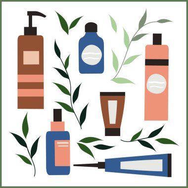 Organik kozmetik seti: el ve yüz kremi, vücut losyonu, bitki elementleri, diş macunu ve şampuan. Parabensiz. Çevre dostu. Görüntü.