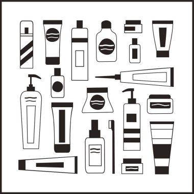 Organik kozmetik seti: el ve yüz kremi, vücut losyonu, bitki elementleri, diş macunu, diş fırçası ve şampuan. Parabensiz. Çevre dostu. Vektör illüstrasyonu.