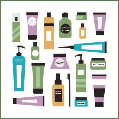 Organik kozmetik seti: el ve yüz kremi, vücut losyonu, bitki elementleri, diş macunu, diş fırçası ve şampuan. Parabensiz. Çevre dostu. Vektör illüstrasyonu.