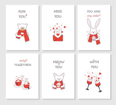 Sevgililer Günü kartlarında romantik mesajlar ve sevimli hayvanlar var. Sadece birlikte, senin için, seni özleyeceğim, seninle. Bir kadeh şarap. Kalpler.