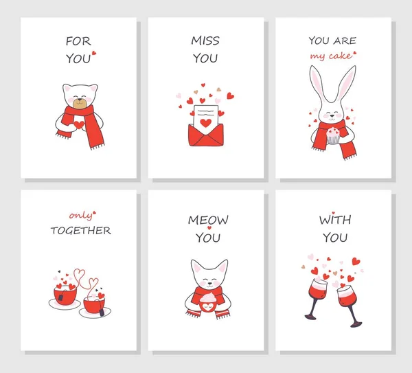 San Valentín Tarjetas Vectoriales Conjunto Con Texto Saludo Romántico Animales — Vector de stock