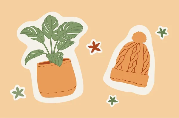 Monstera Planta Chapéu Conjunto Elementos Hygge Ícones Quentes Aconchegantes Ilustração —  Vetores de Stock